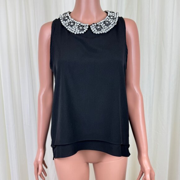 Women's ITRO Rhinestone Collar Sleeveless Blouse Top Size Medium Black - Picture 1 of 14